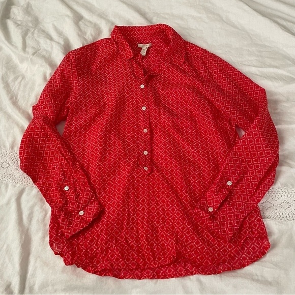 Jcrew SMALL Red Print popover blouse Silk Cotton Blend lightweight - Picture 1 of 7